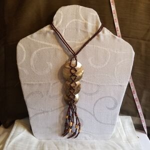 Boho Wood Brown Seed Bead Shell Pendant Necklace EUC Approx. 17.5 Inches Long